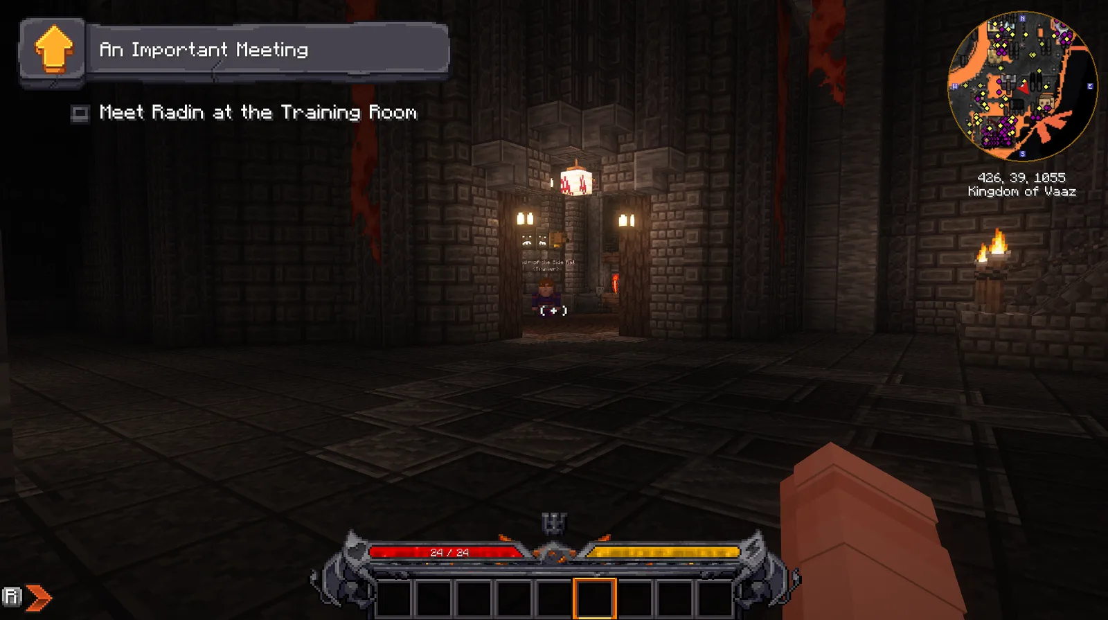 Image showing the arrow navigation system from the tutorial HUD telling the player to meet Radin.