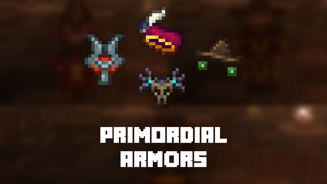 The Primordial Armors title card, with four armor sets floating over a lava cave.