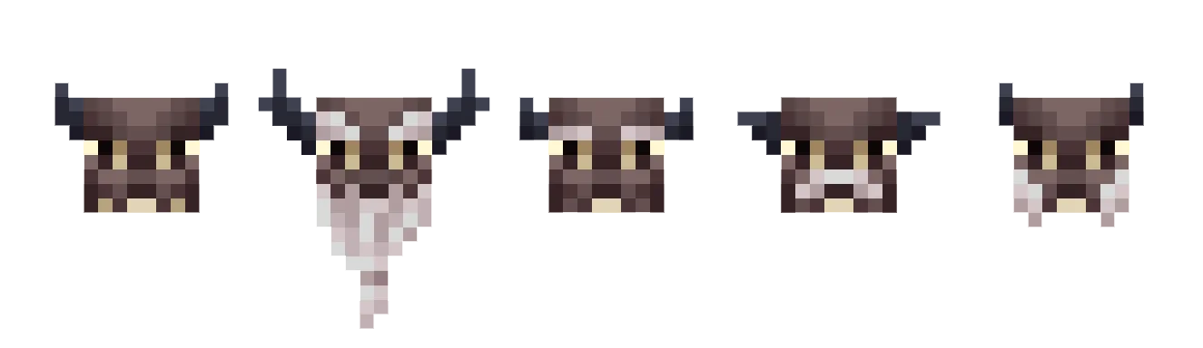 Five pixel-art Serkonid faces, each with different horns, fur and beard.