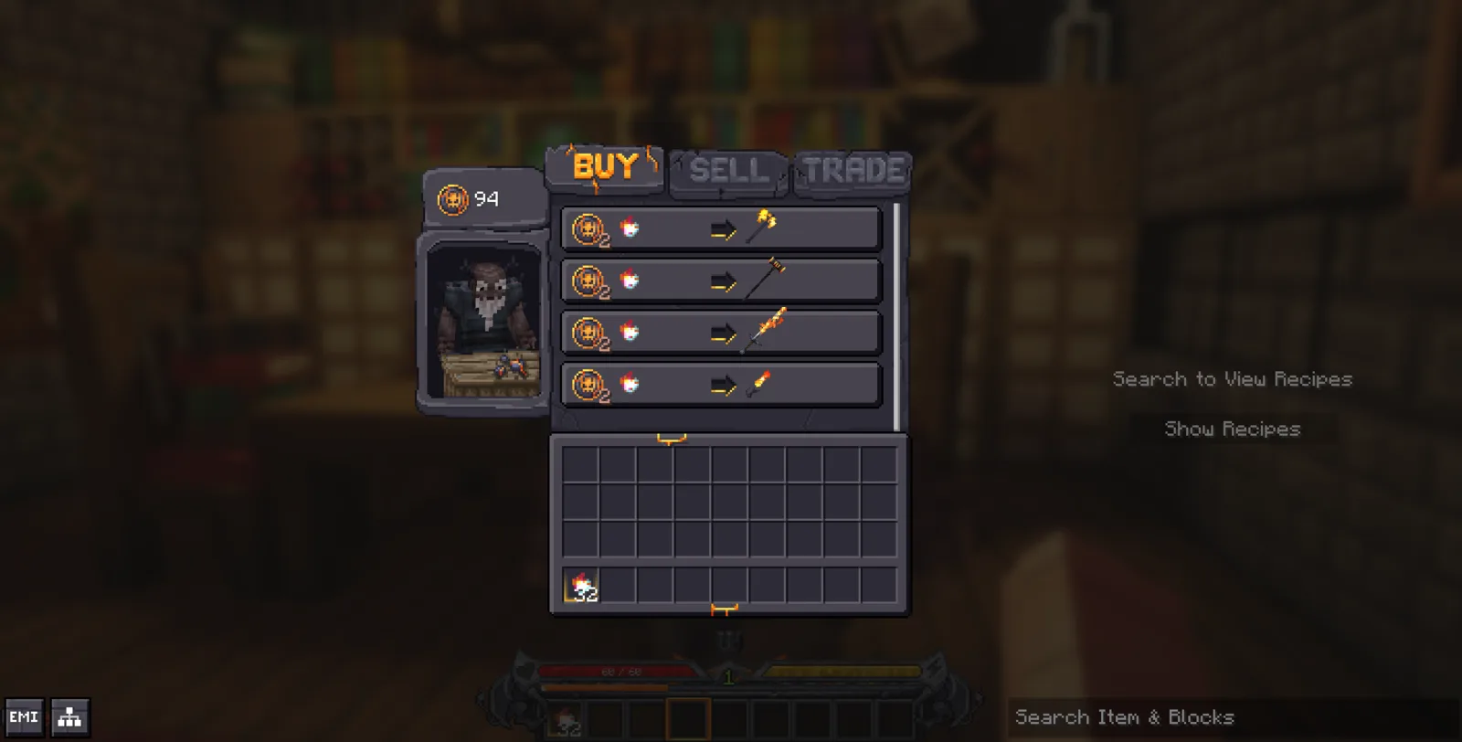 An NPC trading screen with Buy, Sell and Trade tabs, listing weapons priced in Cinders.