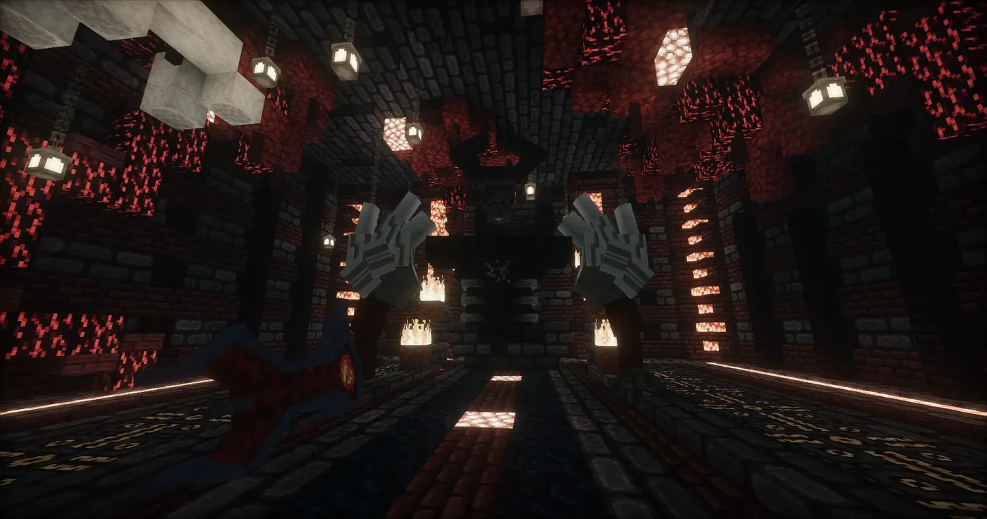 The Decaying King's throne hall, red crystal growing over dark stone and two giant skeletal hands on the walls.