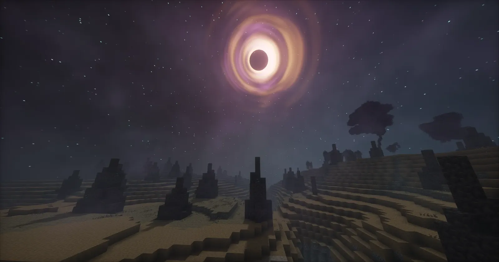 A black eclipse ringed in violet light hangs over the dark hills of the Hasturian Wastes.