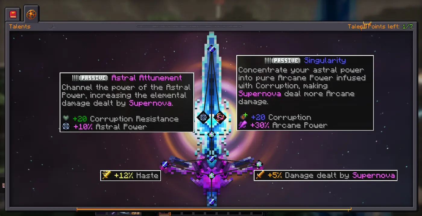 Supernova, a blue and violet greatsword, on its talent screen with the Astral Attunement and Singularity tooltips open.