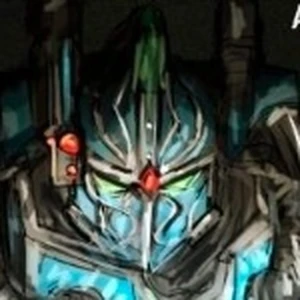 AlmdudlerKing's avatar: a dark armored helmet with a red gem and a cyan glow.