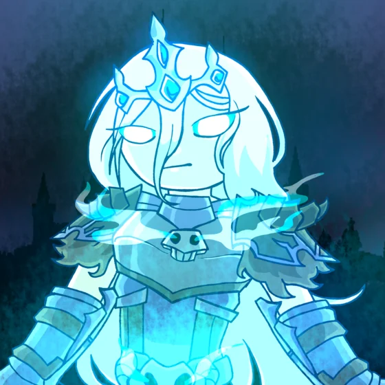 Nicole's avatar: a pale knight with a jagged crown and glowing blue armor.