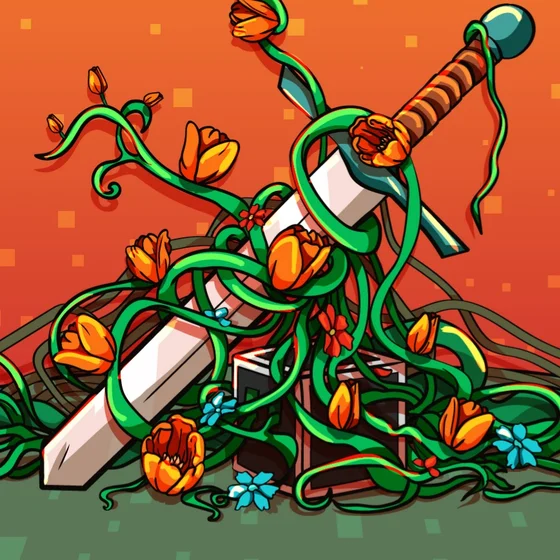 Lyzerrah's avatar: a sword wrapped in vines and orange flowers on a red background.